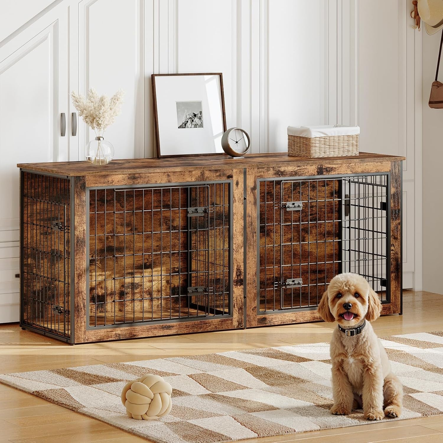 Dog Crate Furniture for 2 Dogs, 63" Large Double Dog Crate Furniture with Divider, Wooden Indoor Kennel TV Stand for Medium Large Dogs, Rustic Brown BF55GW03