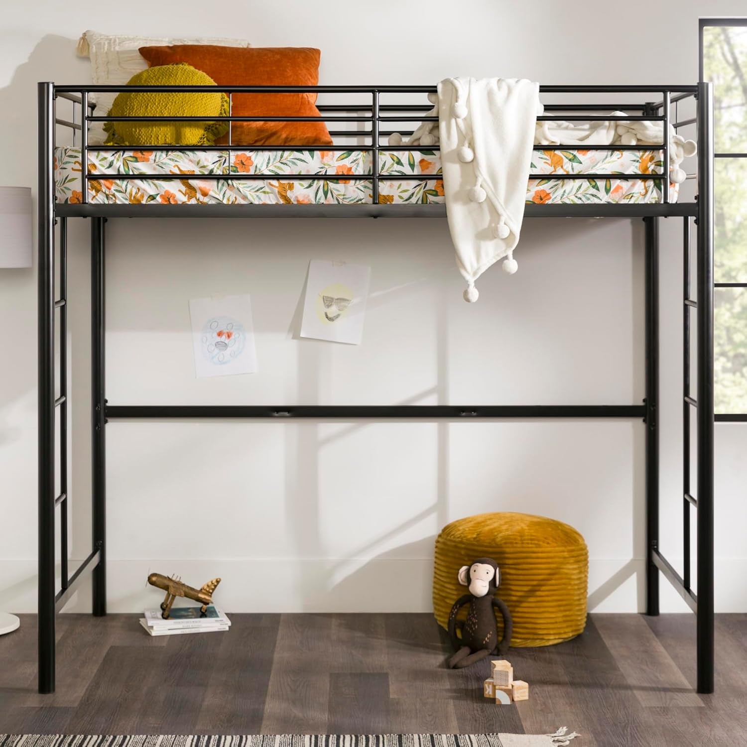 Timothee Urban Industrial Metal Twin over Loft Bunk Bed, Twin Size, Black