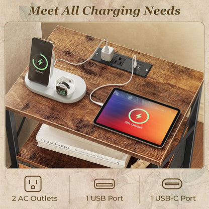 Nightstands Set of 2, Night Stand with Charger Station, 2 Drawer Side Table with Open Shelf, USB-C Port, End Table for Small Spaces, X Shaped Side Rail, Rustic Brown