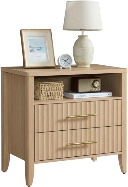 Fluted Nightstand with 2 Drawers, 27" Modern Nightstands Set of 2 with Storage, Large Queen Size Bed Side Table and End Table for Bedroom, Living Room, Office,(Natural Oak,2 Pieces)