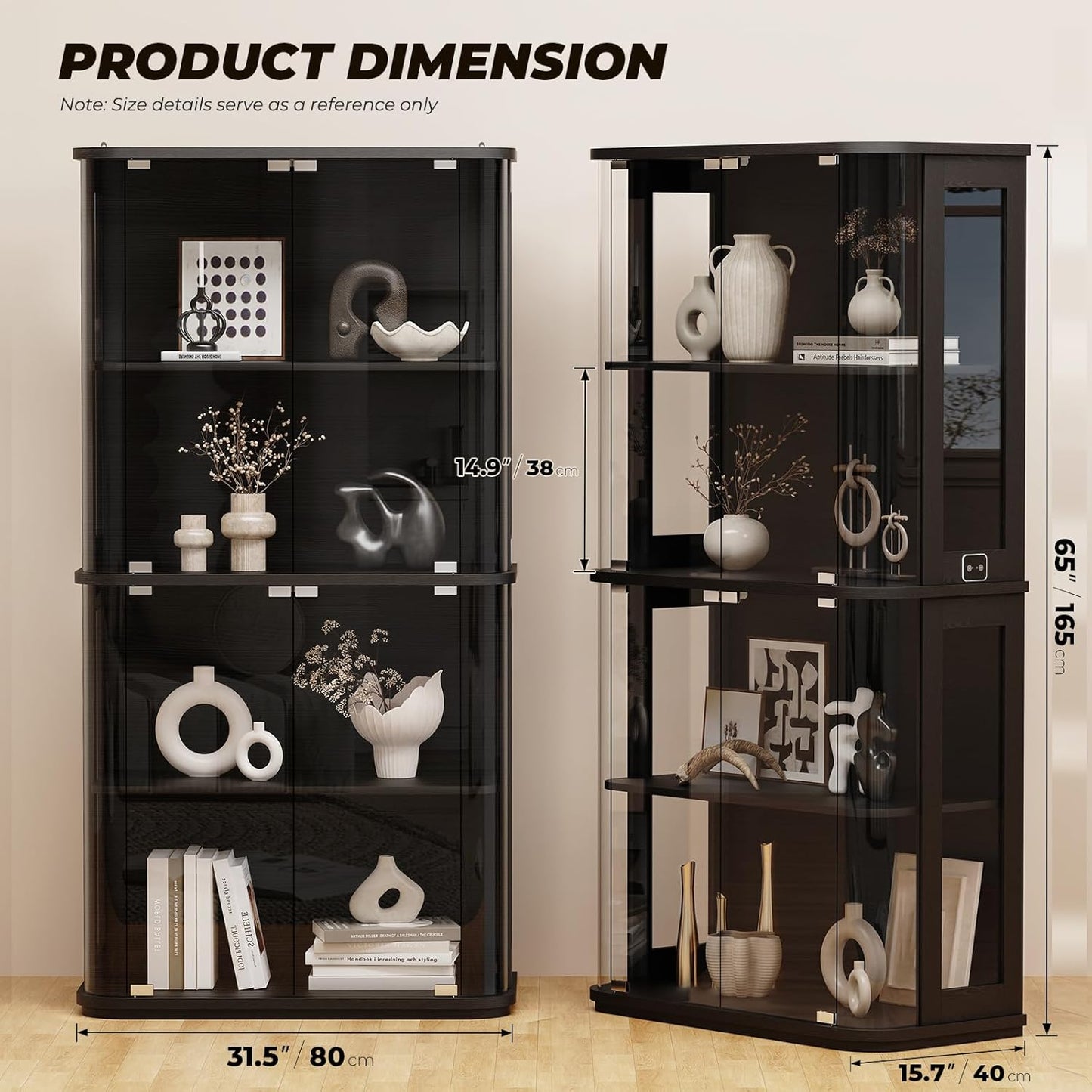 Rounded Display Cabinet with Glass Door, 4-Tier Curio Cabinet with Transparent Full-Display Surface for Collectibles, Glass Display Case with 3 Color Lights, Human Body Sensor, Black