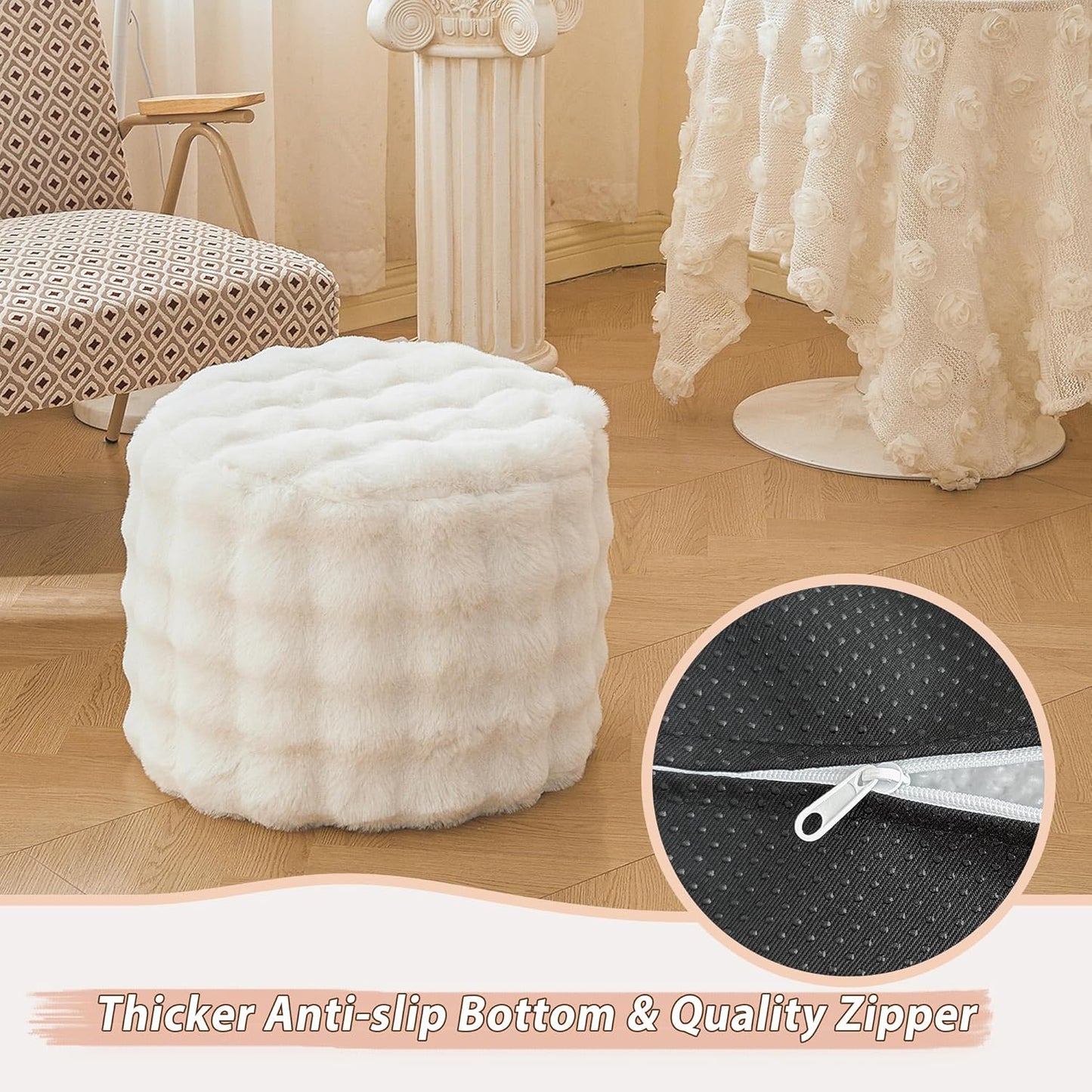 Faux Rabbit Fur round Inflatable Pouf Ottoman, 20 X 16 Waffle Bubble Fluffy Fuzzy Floor Poufs Foot Rest for Adults Kids Girls, Furry Pouf Chair Foot Stool Couch Home Decor, Anti-Slip, Beige