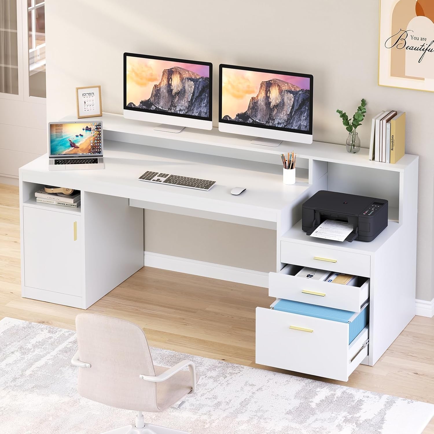 Computer Desk with 3 Drawer & Storage Shelves, Home Office Desk with File Drawer & Cabinet, Writing Study Table with Long Monitor Stand & Printer Shelf, Executive Desk, White
