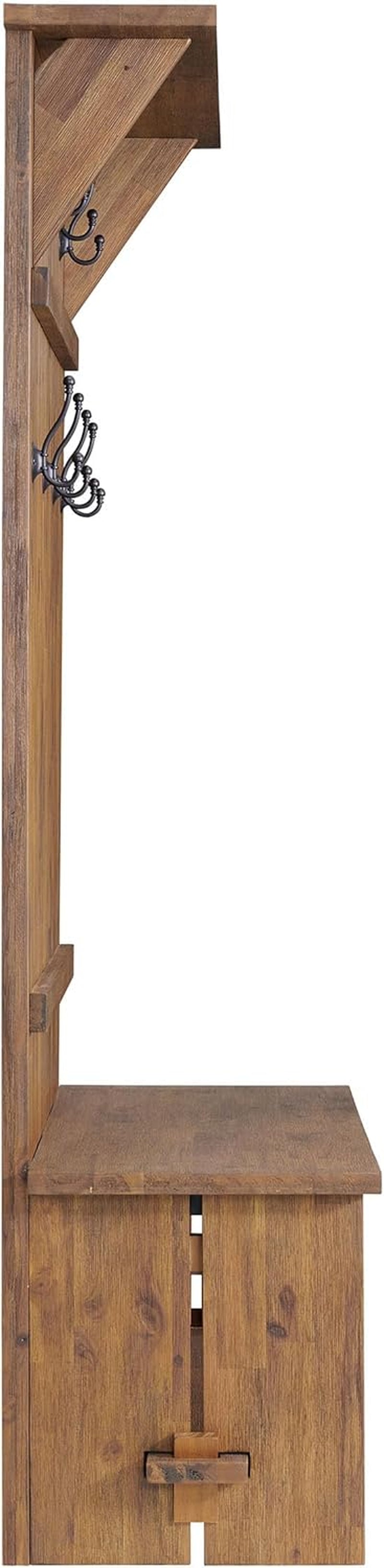 Bethel 70-Inch Acacia Wood Hall Tree with Bench, Storage Shelves & Metal Coat Hooks – Entryway Organizer for Mudroom, Hallway, or Kitchen (Natural Aged Brown Finish)