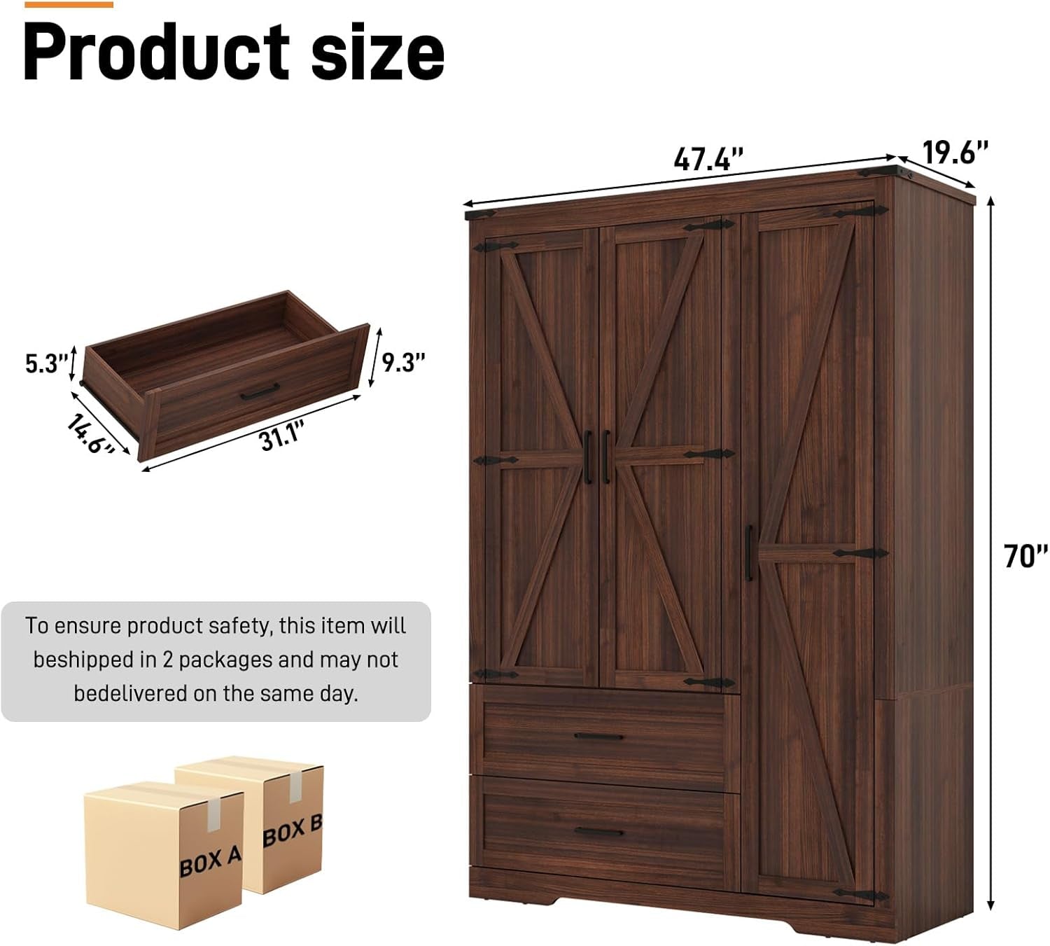 Farmhouse Wardrobe Armoire Closet with 3 Doors and 2 Drawers, 70.1" Wooden Clothing Storage Cabinet, Freestanding Large Capacity Storage Wardrobe Armoire with Hanging Rod for Bedroom, Brown