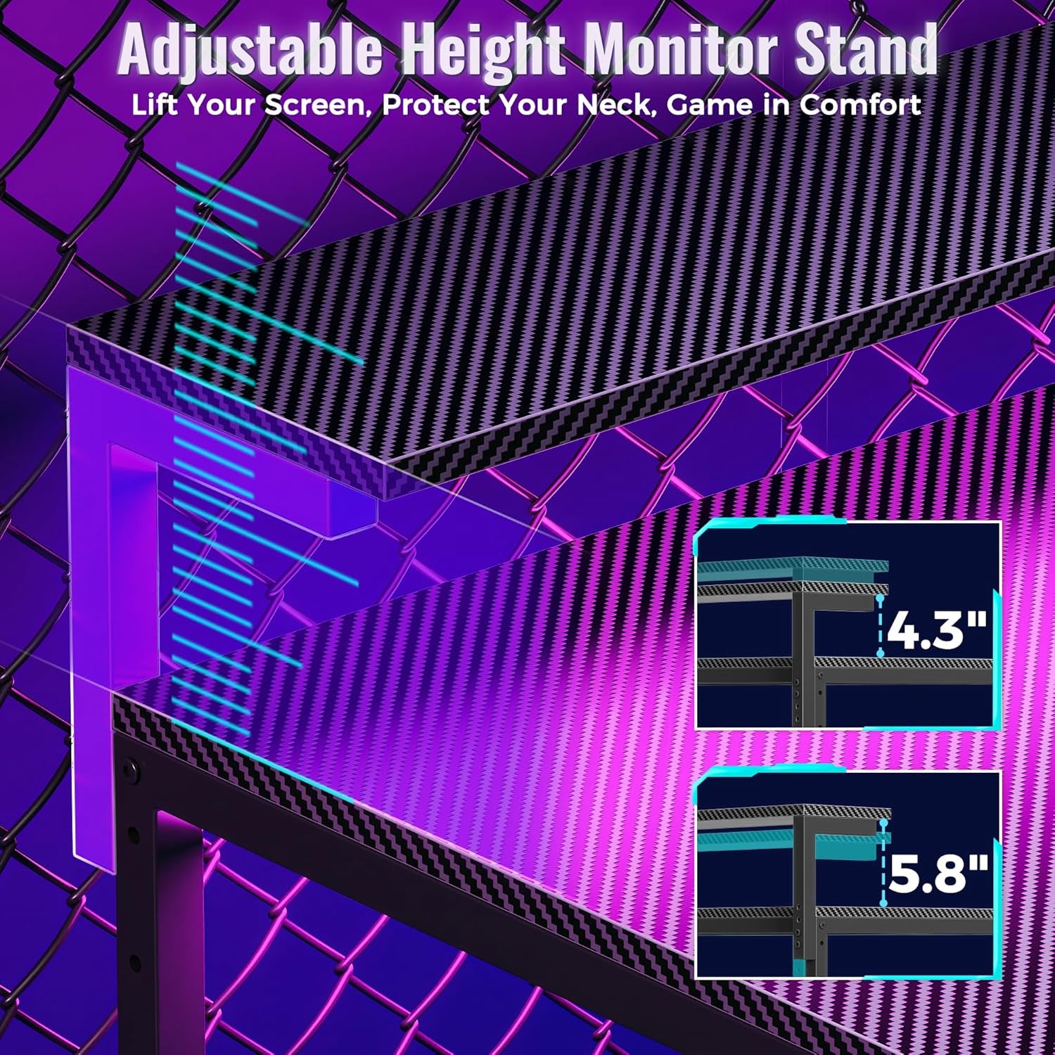 61.7" Gaming Desk with LED Lights & Outlets, Computer Desk with 3 Fabric Drawers, PC Desk with PC Case Stand & Movable Storage Shelves, Monitor Stand, Reversible, Carbon Fiber Black