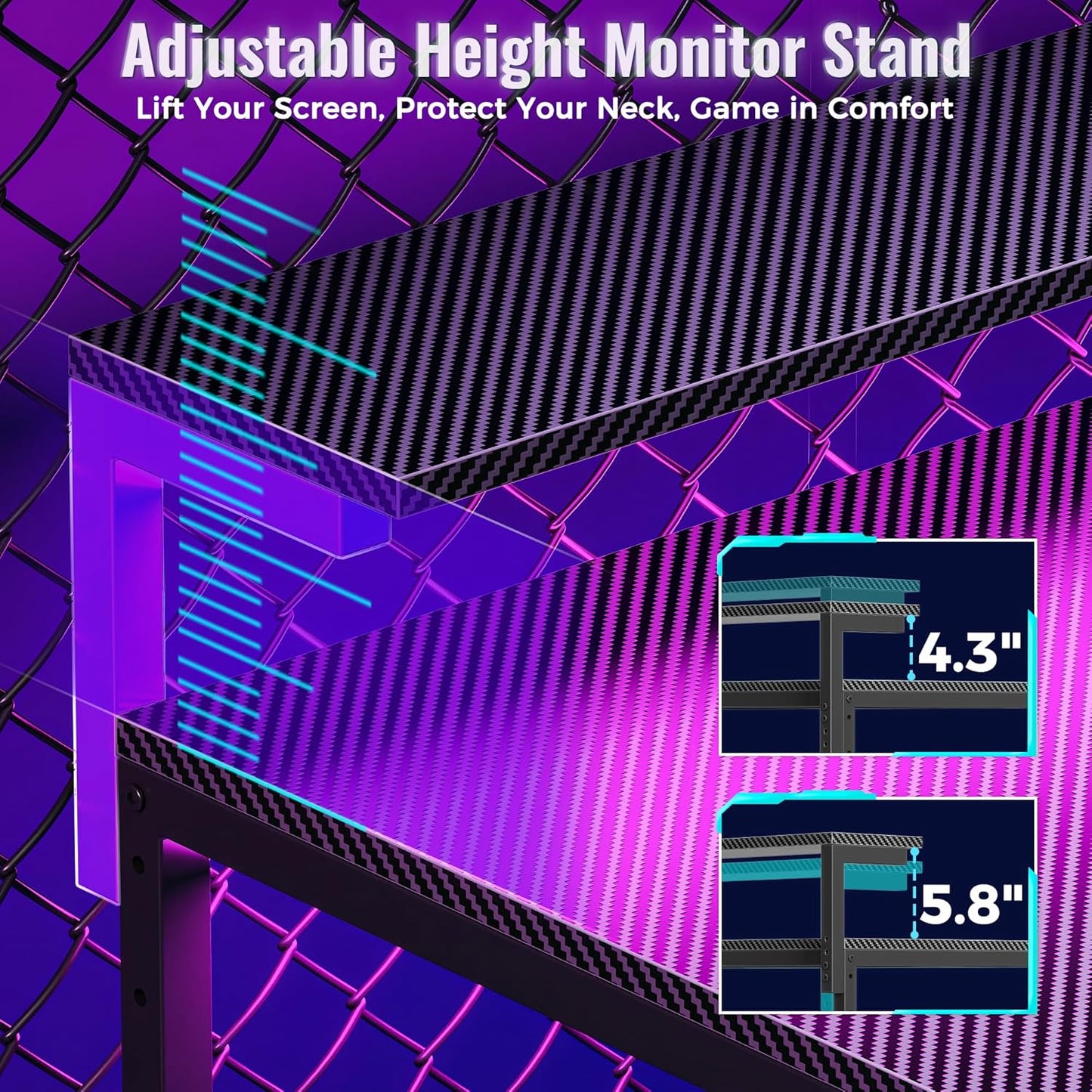 61.7" Gaming Desk with LED Lights & Outlets, Computer Desk with 3 Fabric Drawers, PC Desk with PC Case Stand & Movable Storage Shelves, Monitor Stand, Reversible, Carbon Fiber Black