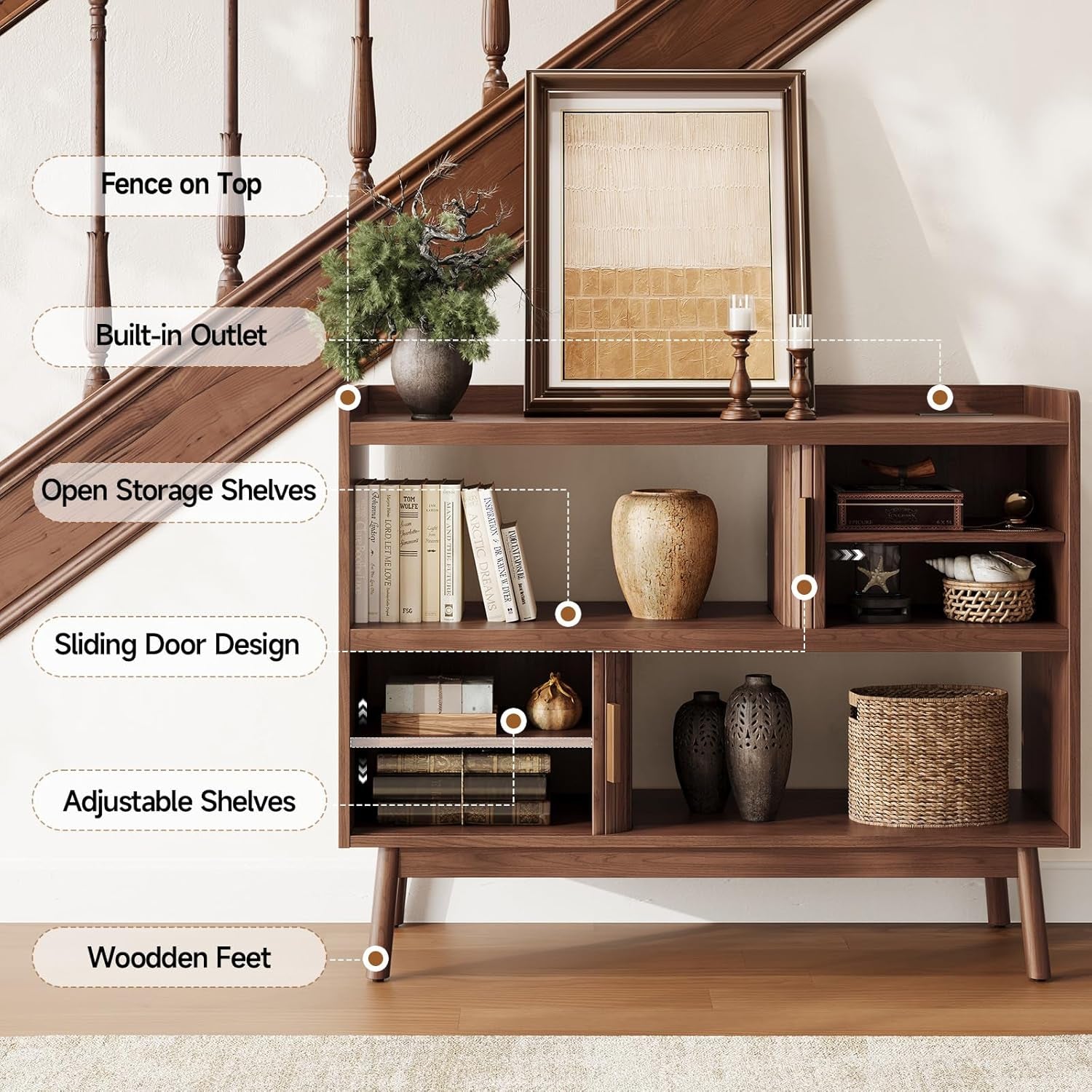 44" Sideboard Buffet Cabinet with Outlet & 2 Open Storage Spaces, Fluted Sideboard Cabinet with Sliding Door & Adjustable Shelves, Mid-Century Accent Coffee Bar Console Table with Wooden Feet