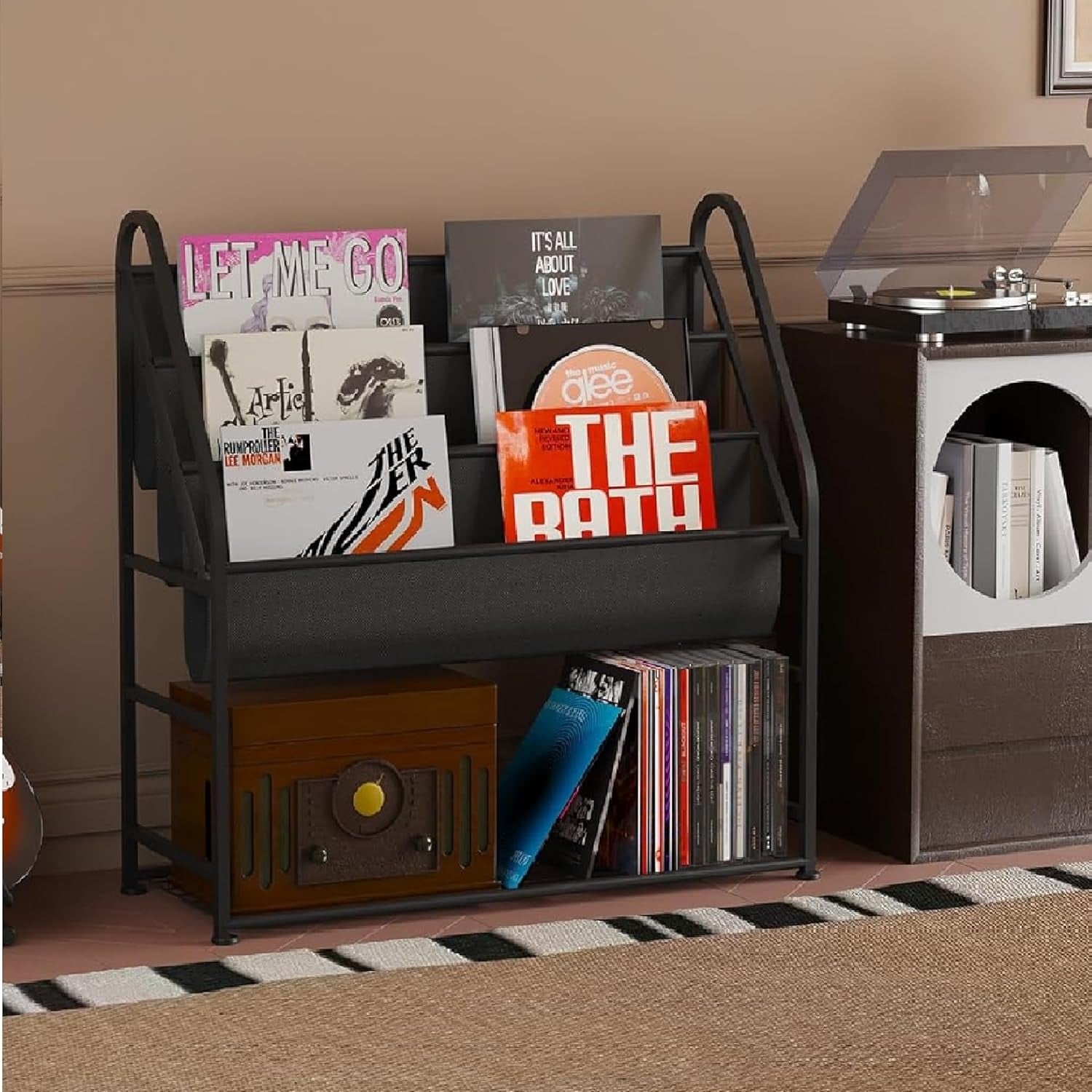 Vinyl Record Storage with Vinyl Shelf Display, Large Capacity Record Player Stand up to 300 Albums 12" D X 31" W X 33" H, Vinyl Record Holder for Lp/Cd/Dvd/Magazine/Books/Album, Black