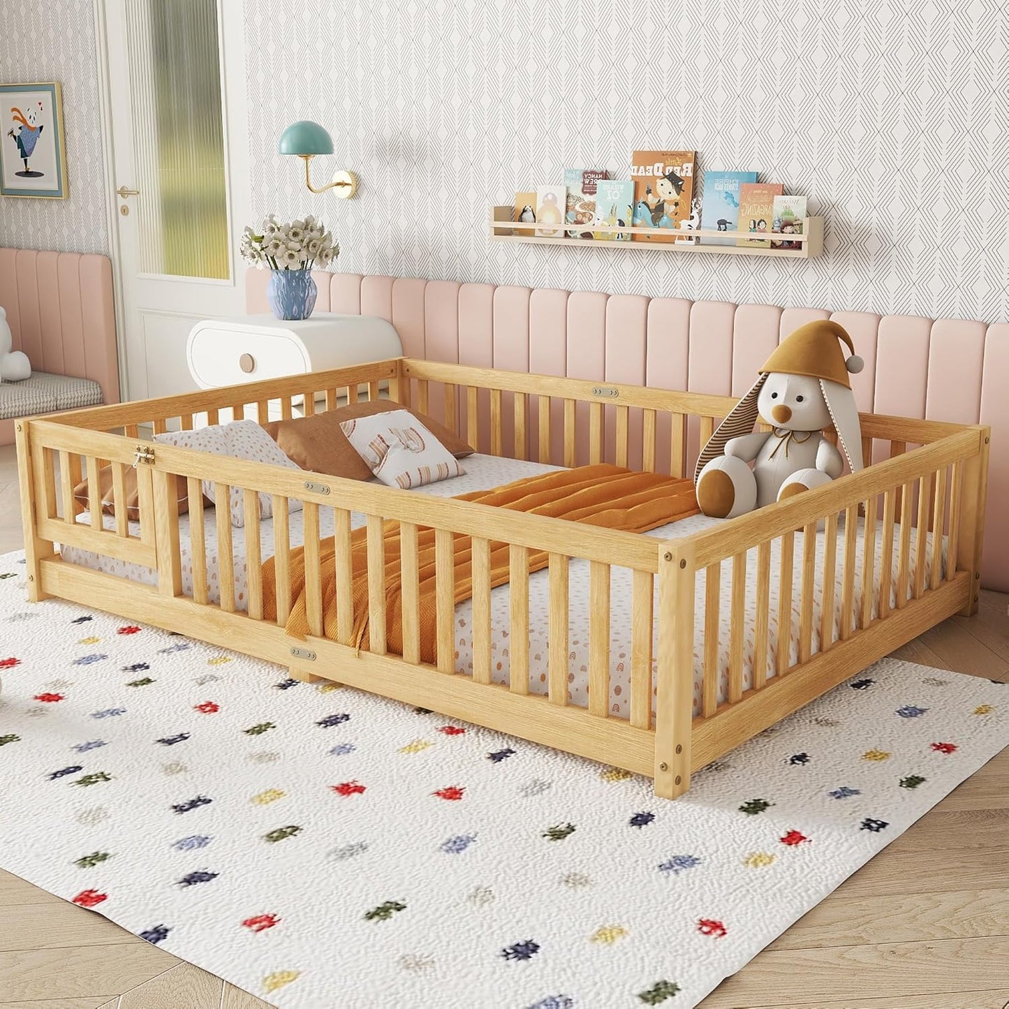 Full Size Floor Bed with Slats and Safety Guardrail, Full Size Montessori Floor Bed with Fence and Door, Easy Assemble Montessori Beds for Kids, Girls, Boys, Natural