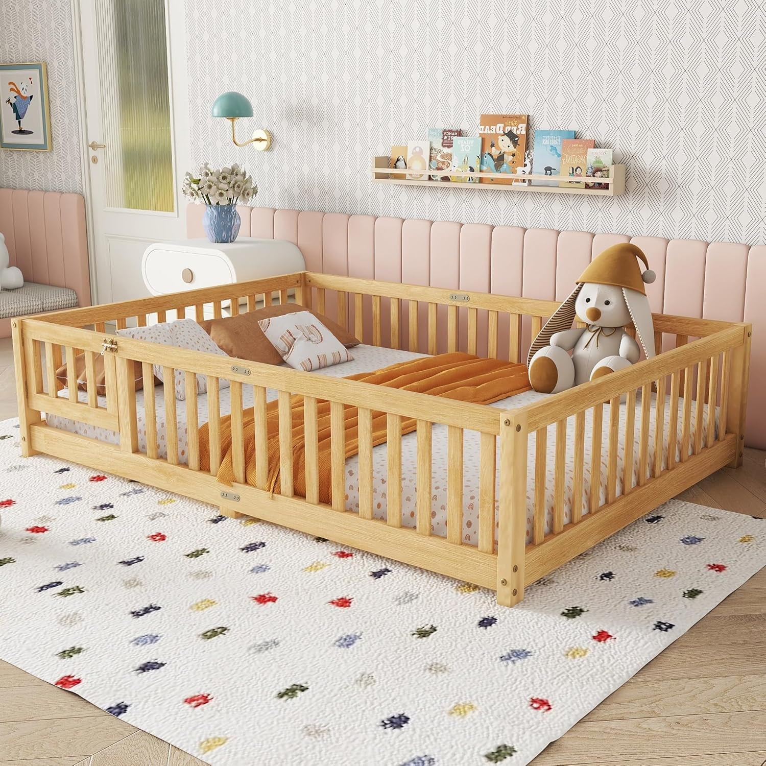 Full Size Floor Bed with Slats and Safety Guardrail, Full Size Montessori Floor Bed with Fence and Door, Easy Assemble Montessori Beds for Kids, Girls, Boys, Natural