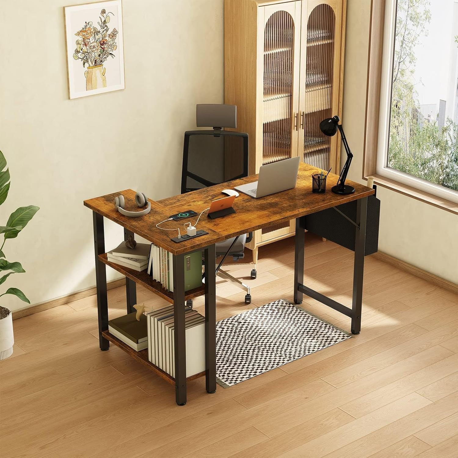 Small L Shaped Desk with Power Outlet Shelves, 40 Inch Reversible Corner Desk for Small Space Home Office, L-Shaped Computer Desk PC Desks with Charging Station, Rustic Brown