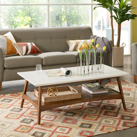 Rectangular Wood Coffee Table with Solid Wood Frame & Legs, Living Room Coffee Tables with Storage Shelf, Accent Furniture for Living Room, Minimalist Decor - Off-White / Pecan Parker