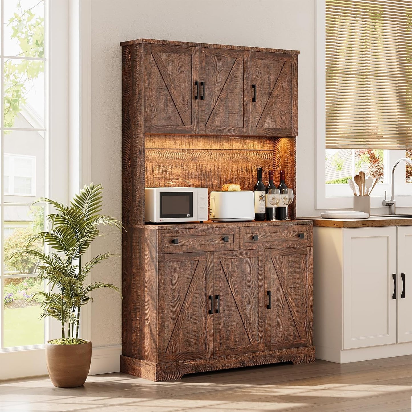 71" Tall Ktchen Pantry Cabinet with Charging Station & LED Lights, Farmhouse Kitchen Hutch Cabinet with Microwave Stand & Large Countertop for Dining Room Living Room, Brown
