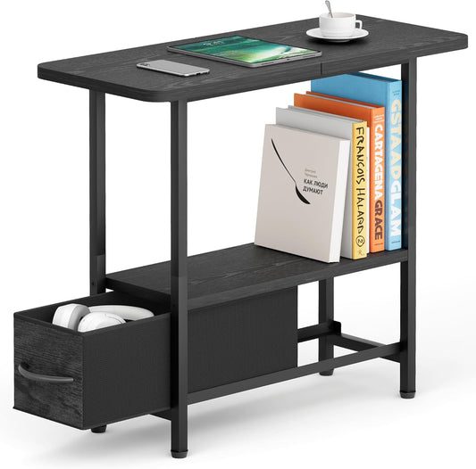 Living Room Side Table with Drawer, 2 Tier Slim End Tables with Storage for Small Spaces, Narrow Nightstand for Sofa Couch, Bedroom, Black