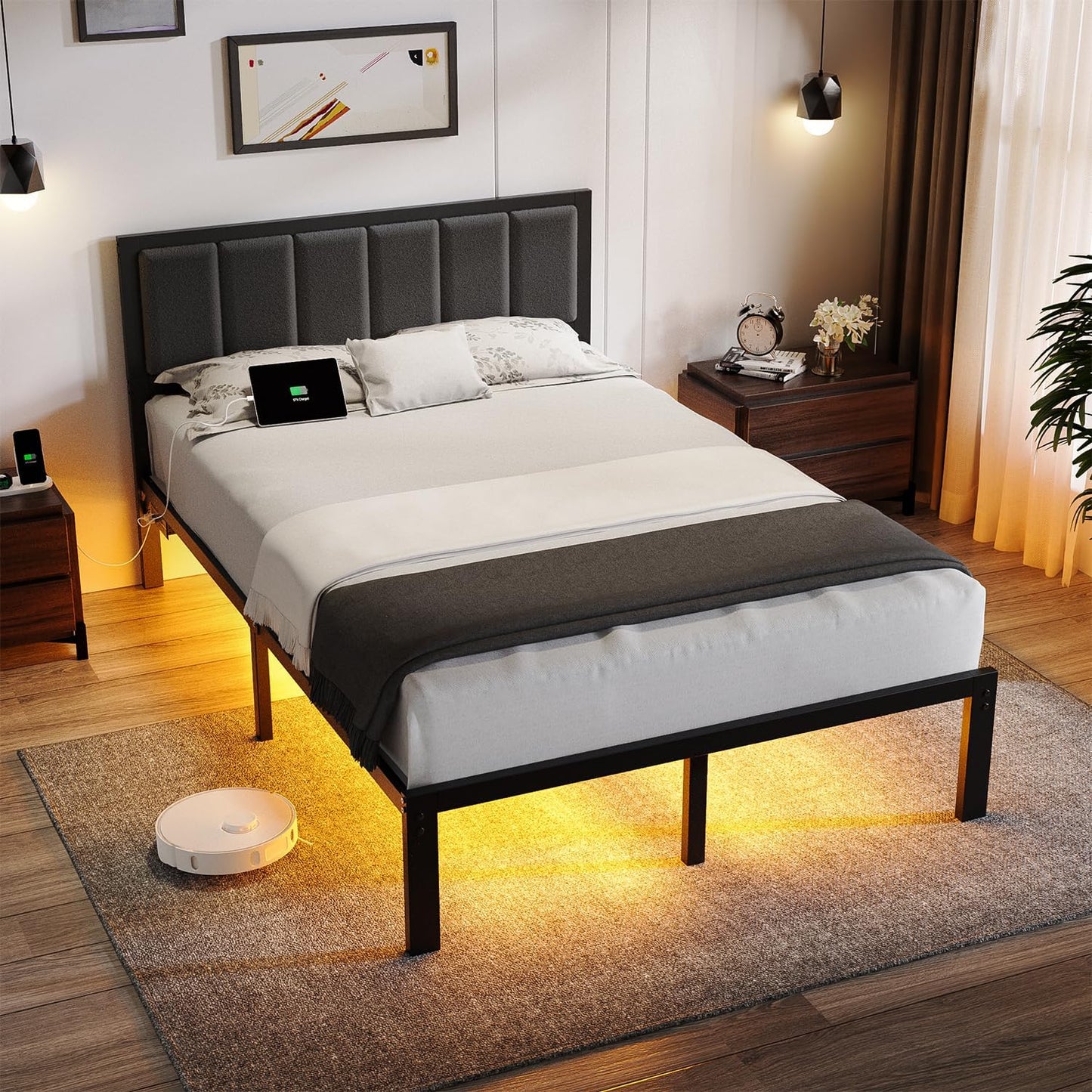 Full Bed Frame with Headboard Metal Platform Bed Full Size with USB Charging Station and LED Lights, No Box Spring Needed