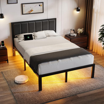 Full Bed Frame with Headboard Metal Platform Bed Full Size with USB Charging Station and LED Lights, No Box Spring Needed