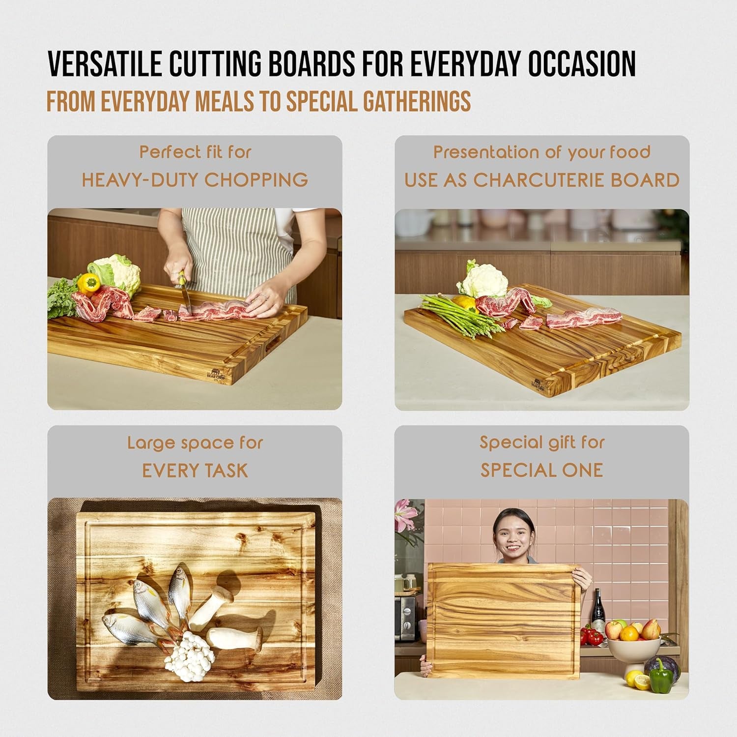 Bearchop Acacia Wood Cutting Boards for Kitchen, [24" X 18" X 1.25"] Extra Large Edge Grain Cutting Boards, Solid Acacia Wood Butcher Block Cutting Board with Deep Juice Grooves and Handle
