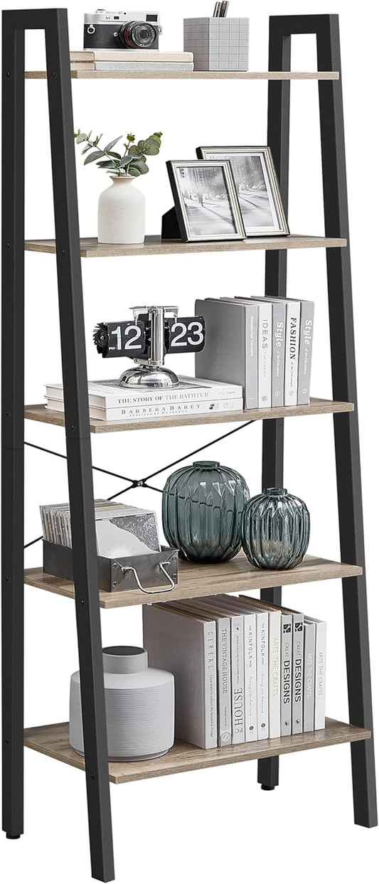 Ladder Shelf, 5-Tier Bookshelf, Storage Rack, Bookcase with Steel Frame, for Living Room, Home Office, Kitchen, Bedroom, Industrial Style, Camel Brown and Ink Black ULLS045B50
