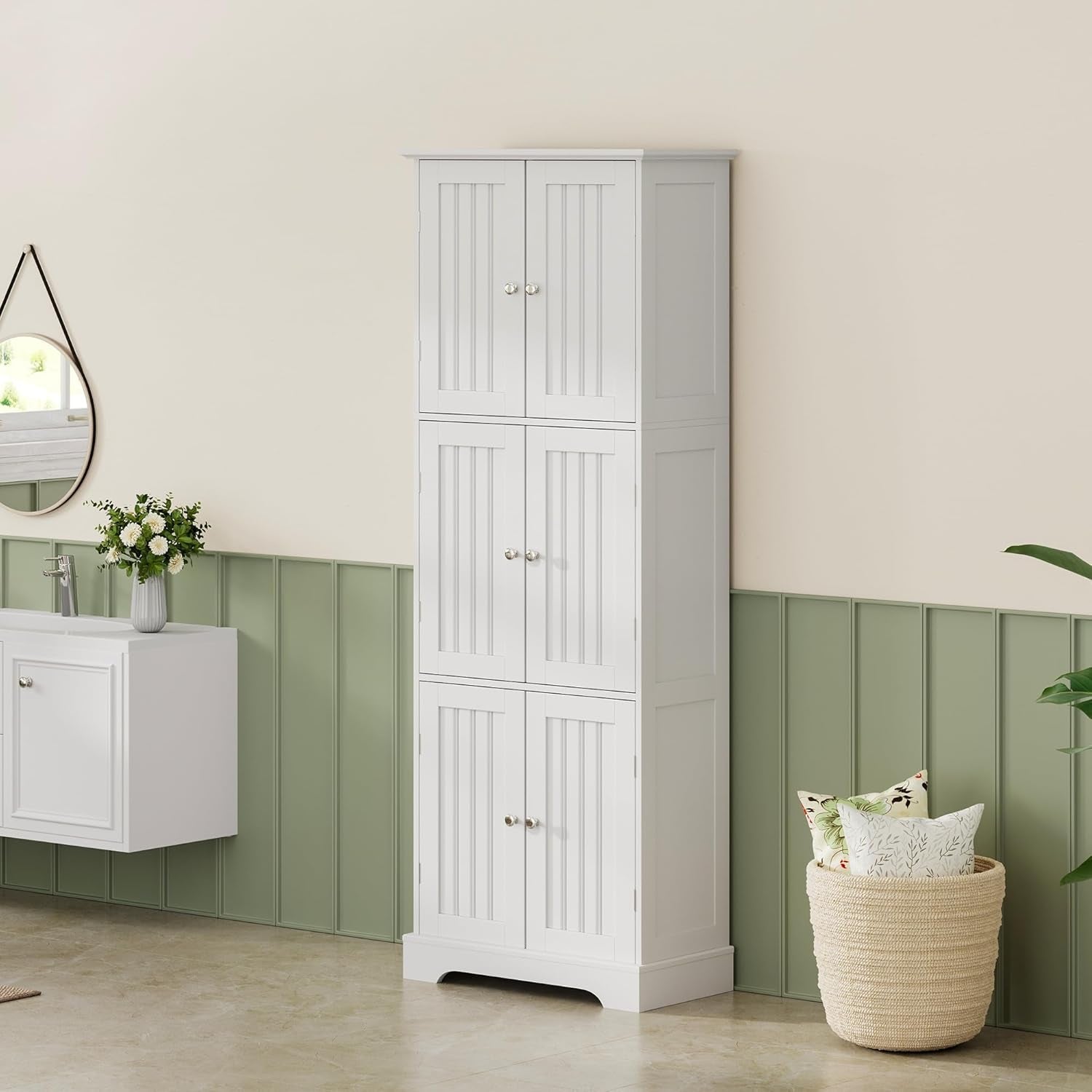 Tall Bathroom Storage Cabinet with 6 Doors, Freestanding Floor Cabinet with Adjustable Shelves, White Pantry Cabinet for Bathroom, Kitchen, Laundry Room