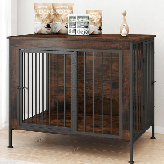 32 Inch Dog Crate Furniture for Medium and Small Dogs, Chew-Resistant Wooden Dog Kennel Furniture, Stylish Indoor End Table Dog Cage with Double Doors and Raised Feet