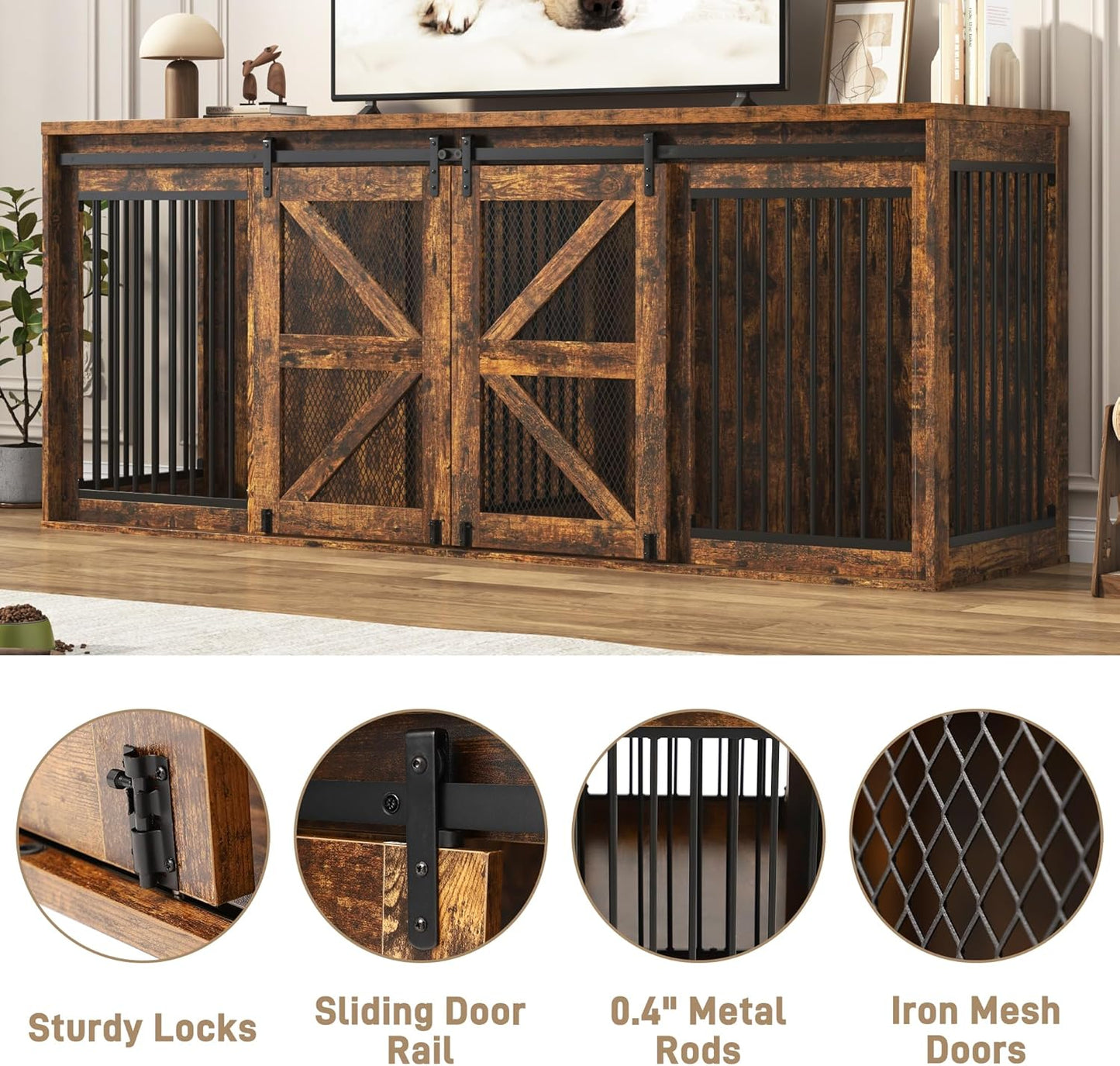 87In Farmhouse Dog Crate TV Stand, Wooden Dog Kennel Furniture with Sliding Metal Mesh Barn Door, Large Dog Crate Furniture for 2 Dogs, Solid Metal Tube & 2 Lockable Doors, Rustic Brown