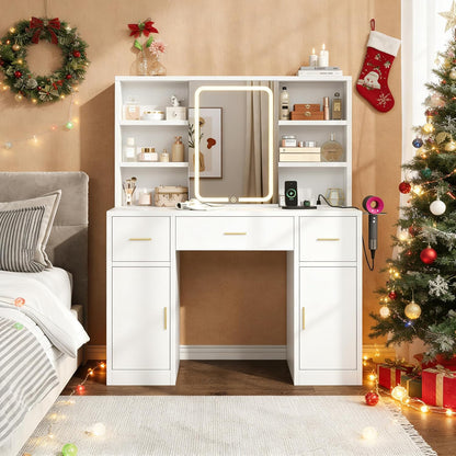 Vanity Desk with Sliding Mirror & LED Lights, Smart Makeup Table with Charging Station, Hairdryer Holder, 7 Shelves, 3 Drawers, 2 Cabinets, Vanity with Extra Hidden Stroage for Bedroom,White
