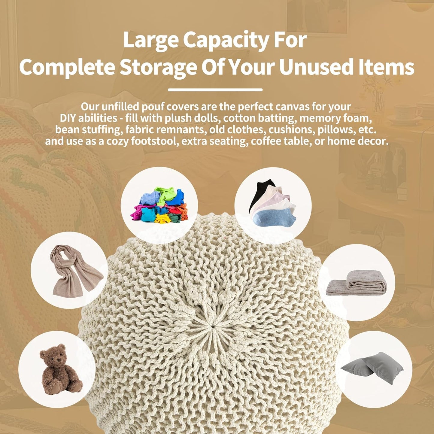 Unstuffed Ottoman Pouf Cover, 100% Cotton Handmade Knitted Ottoman Pouf Cover round Foot Stool, Floor Bean Bag Chair, Foot Rest with Storage for Living Room Bedroom, Beige(Cover ONLY NO Filler)