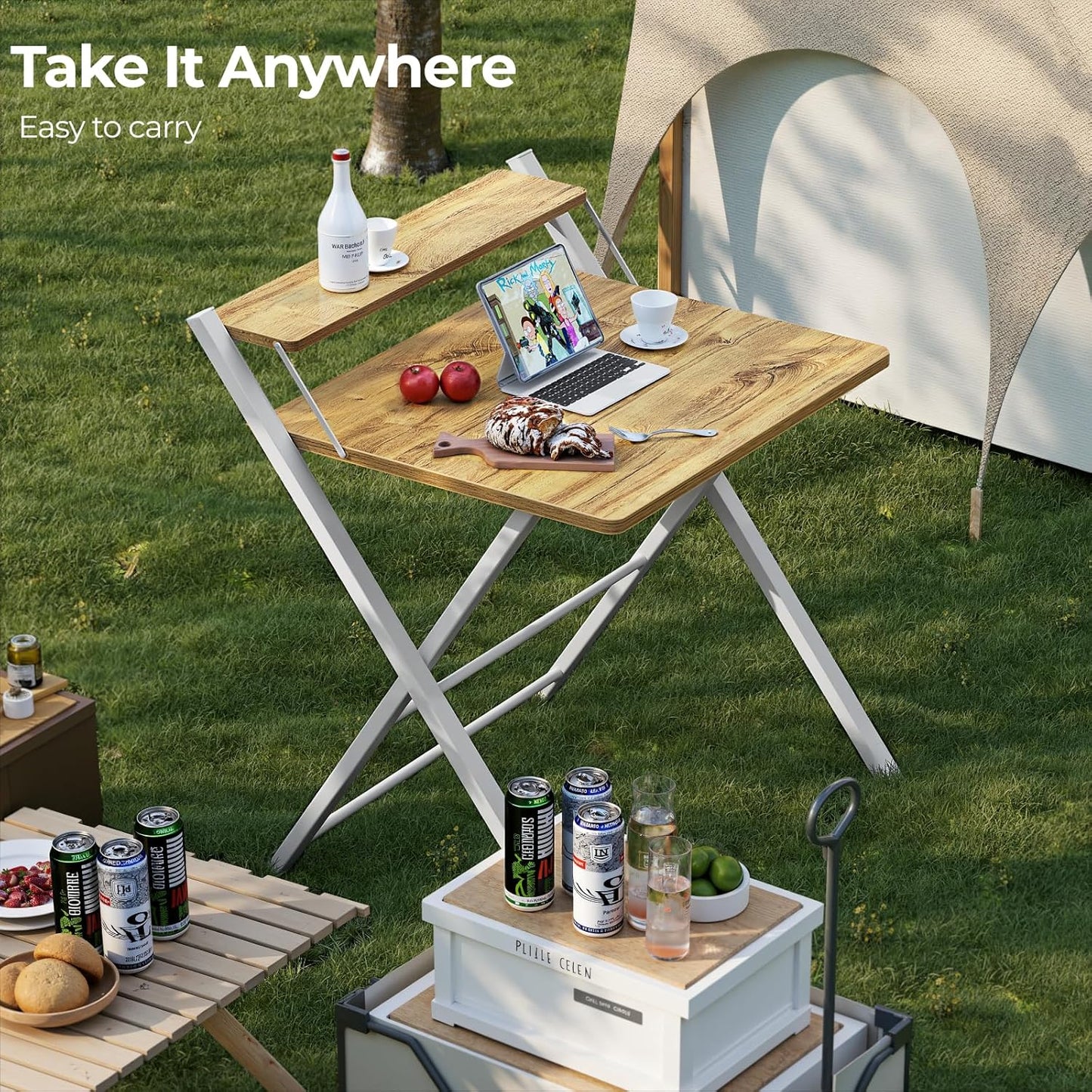 Portable Small Desk No Assembly, 2-Tier Compact Computer Desk with Shelf, Space Saving Foldable Table for Home Office, Bedroom or Apartment, Portable Collapsible Sturdy Laptop Desk, Oak