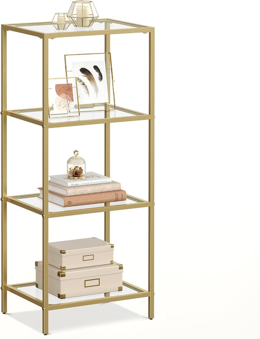 Bookcase, 4-Tier Bookshelf, Slim Shelving Unit for Bedroom, Bathroom, Home Office, Tempered Glass, Steel Frame, Metallic Gold ULGT28G