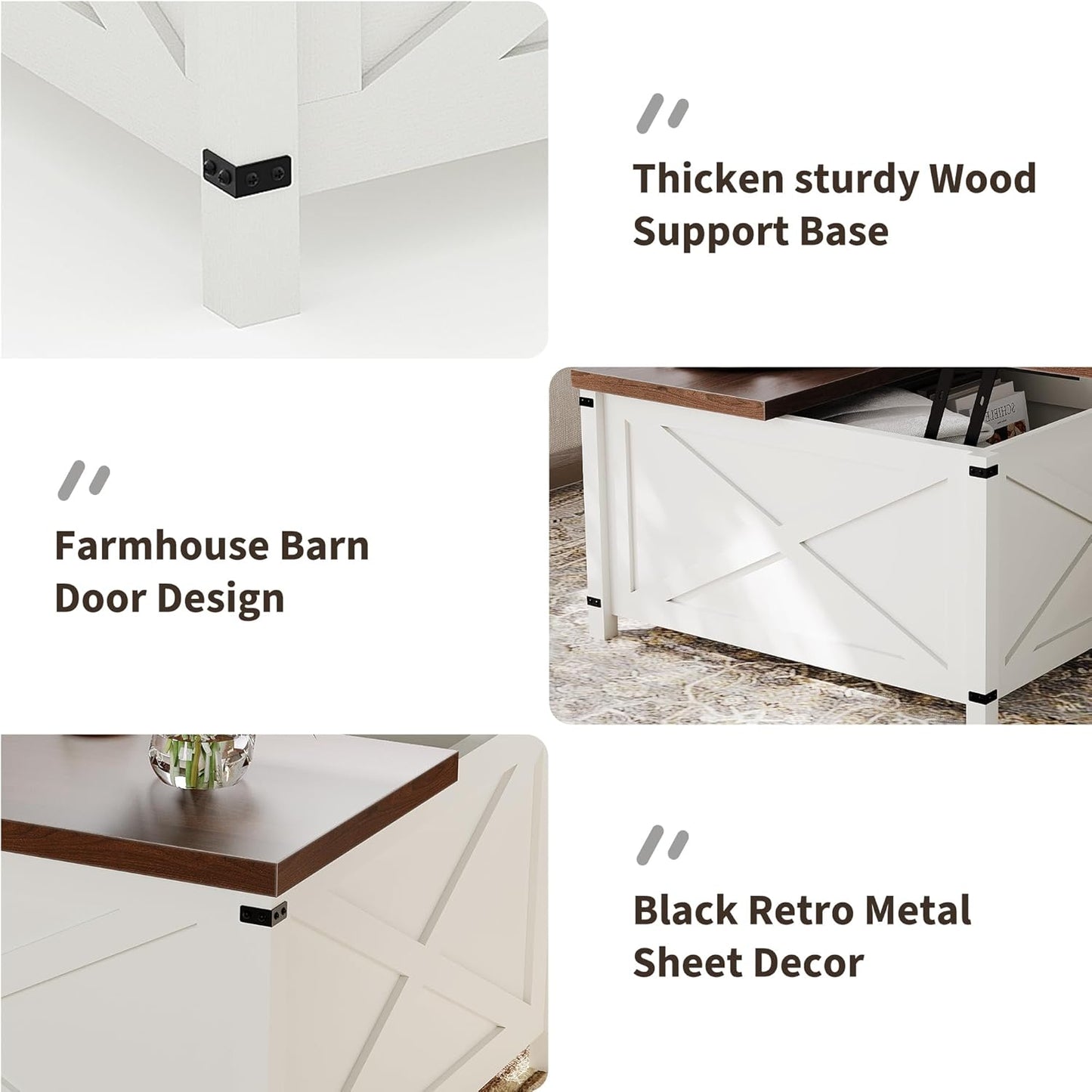 Hydraulic Lift Top Coffee Table with Hidden Storage, Farmhouse Industrial Style Accent Table, Sturdy Wood & Metal Construction, Safe Lift Mechanism, for Living Room Office