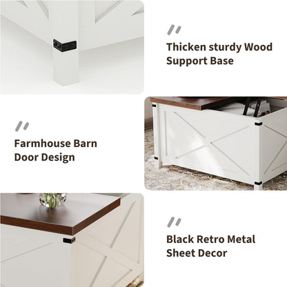 Hydraulic Lift Top Coffee Table with Hidden Storage, Farmhouse Industrial Style Accent Table, Sturdy Wood & Metal Construction, Safe Lift Mechanism, for Living Room Office