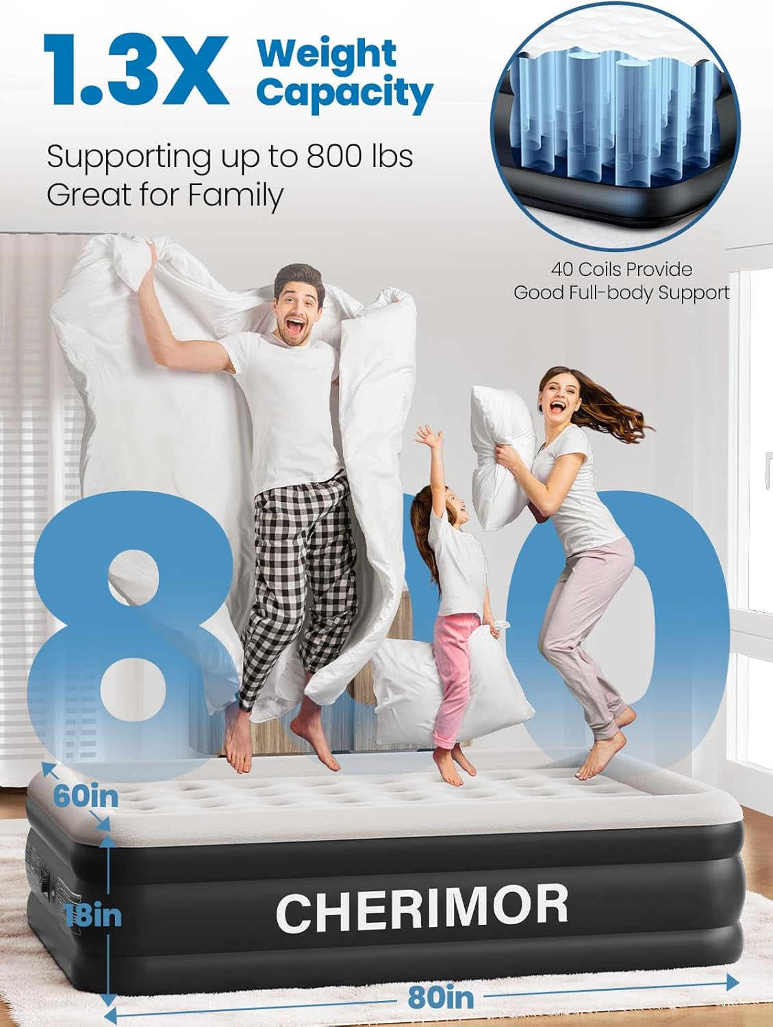 Queen Air Mattress with Built-In Pump, 18" Raised Comfort, 48Hr Leak-Proof Test, Upgraded Honeycomb Pillar Design, Supports 800 Lbs, 3-Min Inflation-Inflatable Bed for Home Guests & Camping