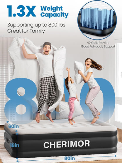 Queen Air Mattress with Built-In Pump, 18" Raised Comfort, 48Hr Leak-Proof Test, Upgraded Honeycomb Pillar Design, Supports 800 Lbs, 3-Min Inflation-Inflatable Bed for Home Guests & Camping