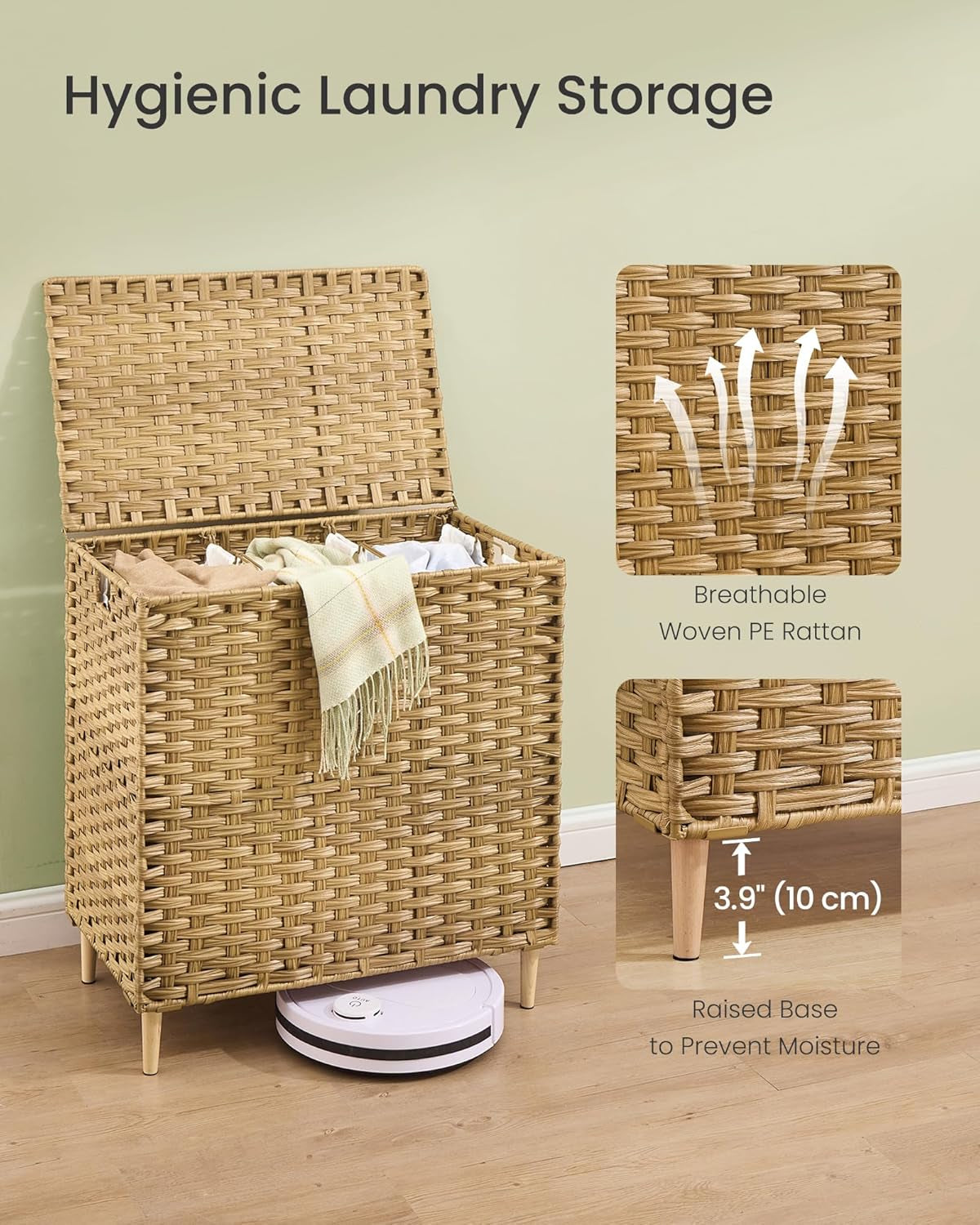 3-Section Laundry Hamper with Lid, 42.2 Gal (160L) PE Rattan Laundry Basket with Removable Washable Liners, for Bedroom & Living Room, Goose Yellow ULCB223YE01