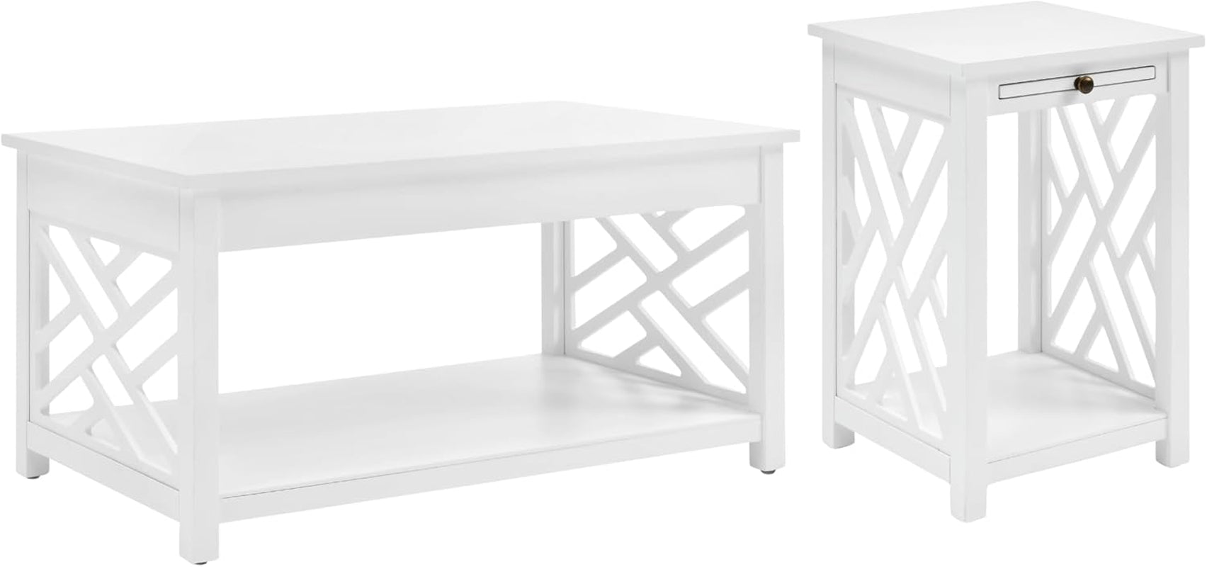 Coventry 2-Piece Living Room Table Set – Cottage Style Coffee Table and End Table with Lower Shelves and Pull-Out Tray – for Apartment, Loft, or Teen Room by  (White)