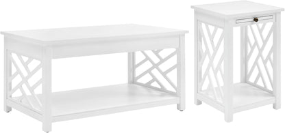 Coventry 2-Piece Living Room Table Set – Cottage Style Coffee Table and End Table with Lower Shelves and Pull-Out Tray – for Apartment, Loft, or Teen Room by  (White)