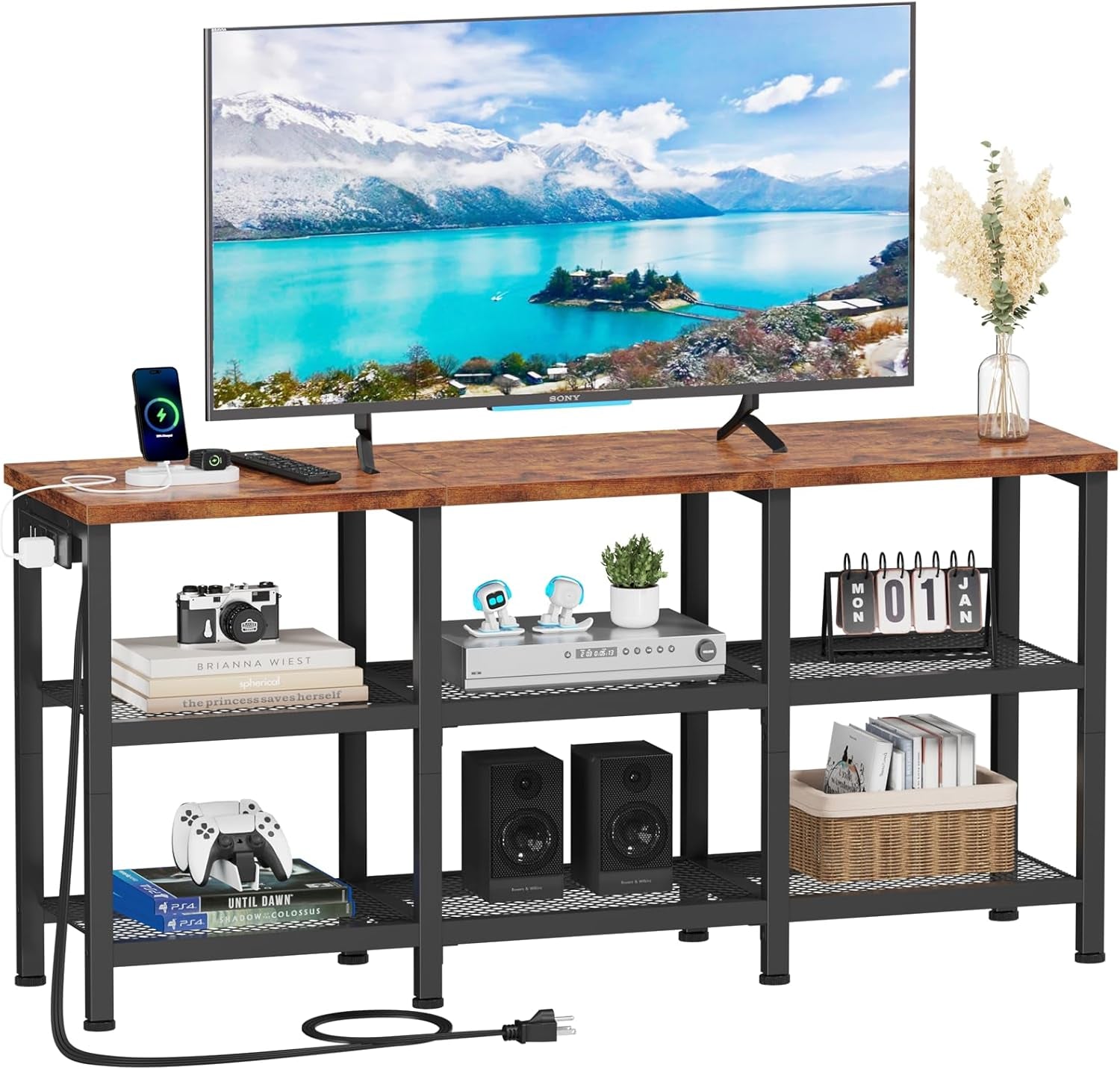 TV Stand with Power Outlets, Small Entertainment Center with Open Storage Shelves, Media Console Center for Tvs up to 50 Inch, Television Stands for Living Room/Bedroom, Rustic Brown