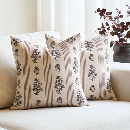 Floral Throw Pillow Covers 18X18 Set of 2 Block Print Pillow Covers Neutral Floral Striped Farmhouse Decorative Pillow Covers for Sofa Couch Bed, Brown