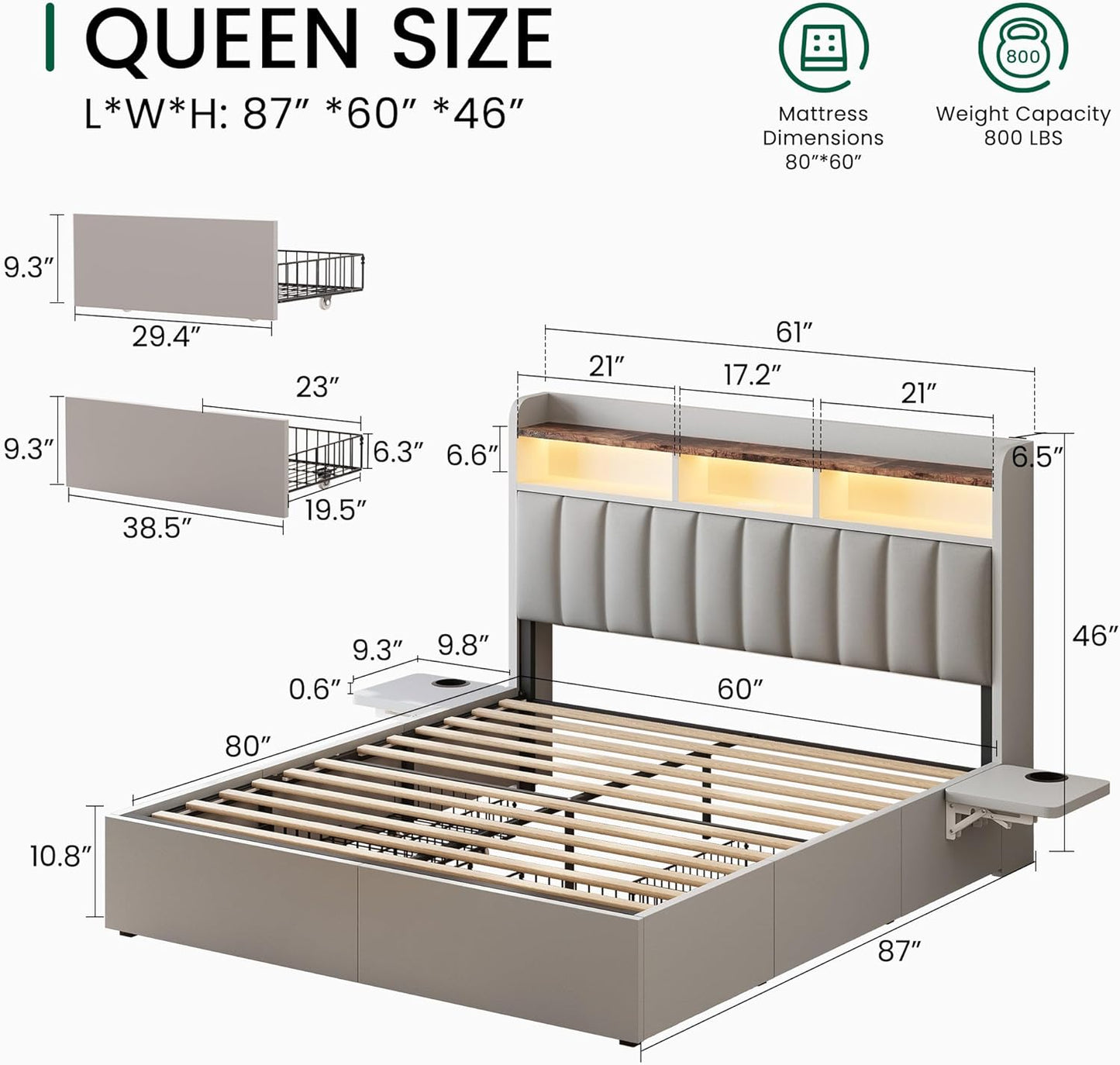 Queen Bed Frame with Headboard,4 Storage Drawers,And Built-In Adjustable Desk,Charging Station,Easy Assembly,No Box Spring Needed,Light Grey