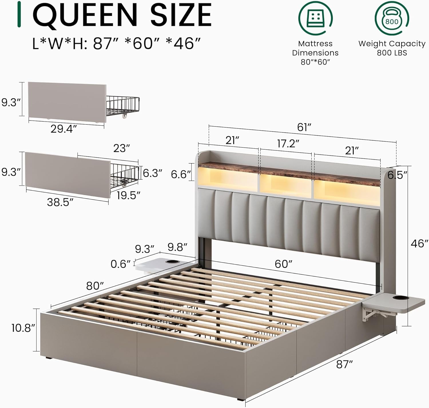 Queen Bed Frame with Headboard,4 Storage Drawers,And Built-In Adjustable Desk,Charging Station,Easy Assembly,No Box Spring Needed,Light Grey