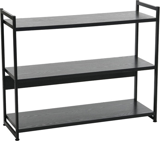 Jamestown Wide 3 Shelf Open Storage Bookshelf Black Oak Wood Grain and Black Metal