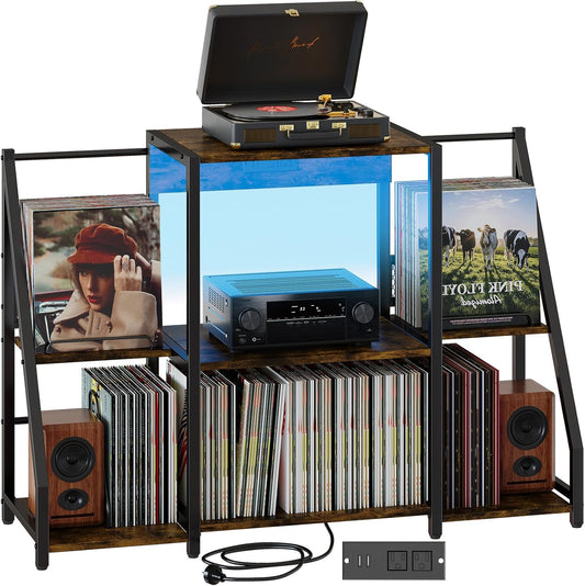 Record Player Stand, Vinyl Record Holder up to 300 Albums, Large Player Table with Power Outlet and LED Light, Vintage Storage Rack for Magazine, Book, Files, Albums