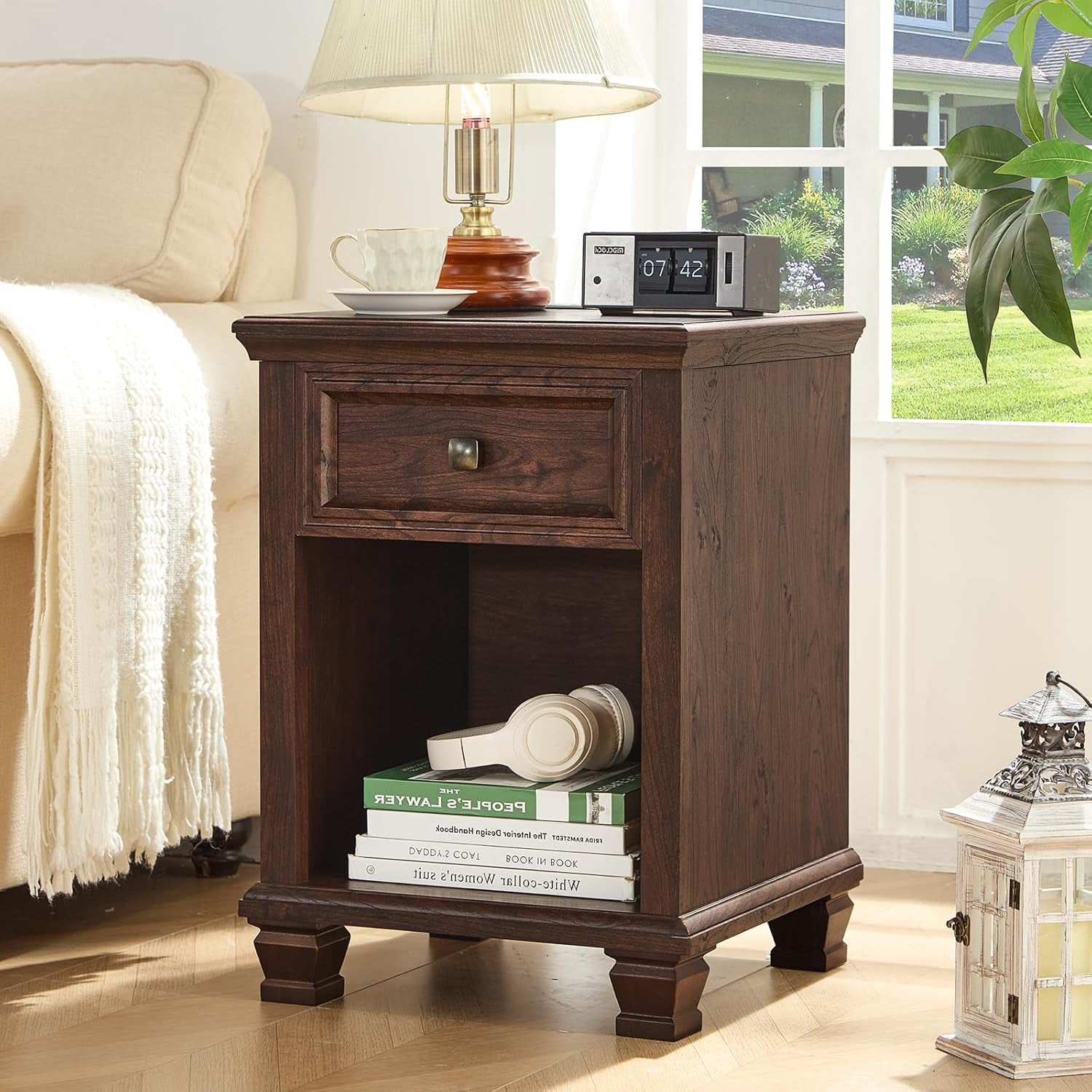 Farmhouse Night Stand with Charging Station, Rustic Wood Nightstand with Drawer, End Side Table for Living Room, Bedside Table with Open Shelf for Bed Room, Walnut