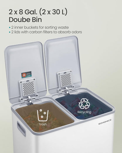 Trash Can, 2 X 8 Gallon (2 X 30 L) Dual-Compartment Garbage Can with Soft-Close Lid, Pedal and Inner Buckets, Stainless Steel, Includes 15 Liner Bags, Matte White ULTB741W01