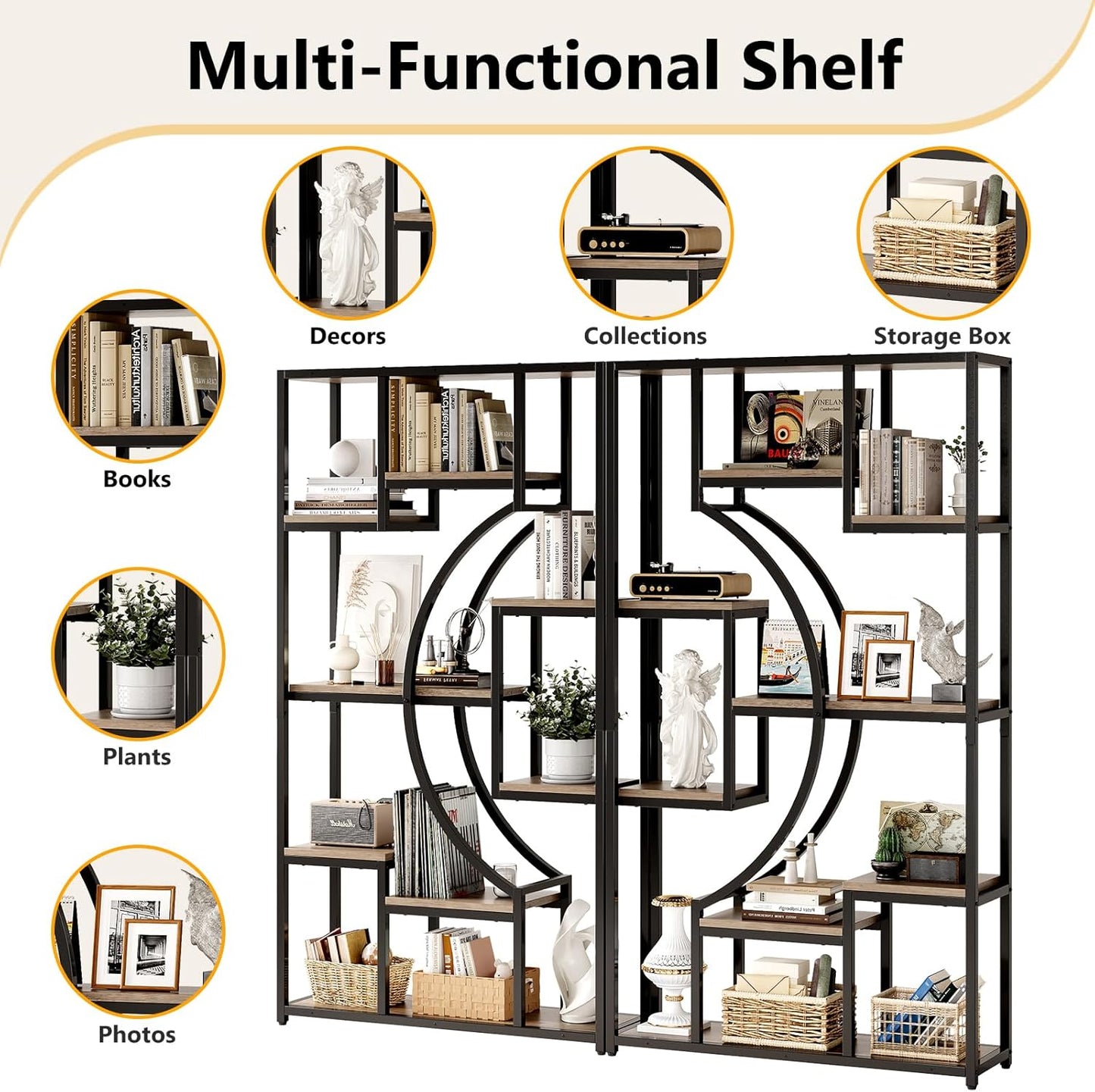 70.8" Tall Bookshelf Set of 2, 79" Wide Geometric Display Shelf with 18 Open Storage Shelves, Scratch-Resistant Gray Wash & Metal Frame, for Living Room, Office, Bedroom – Anti-Tip & Adjustable Feet
