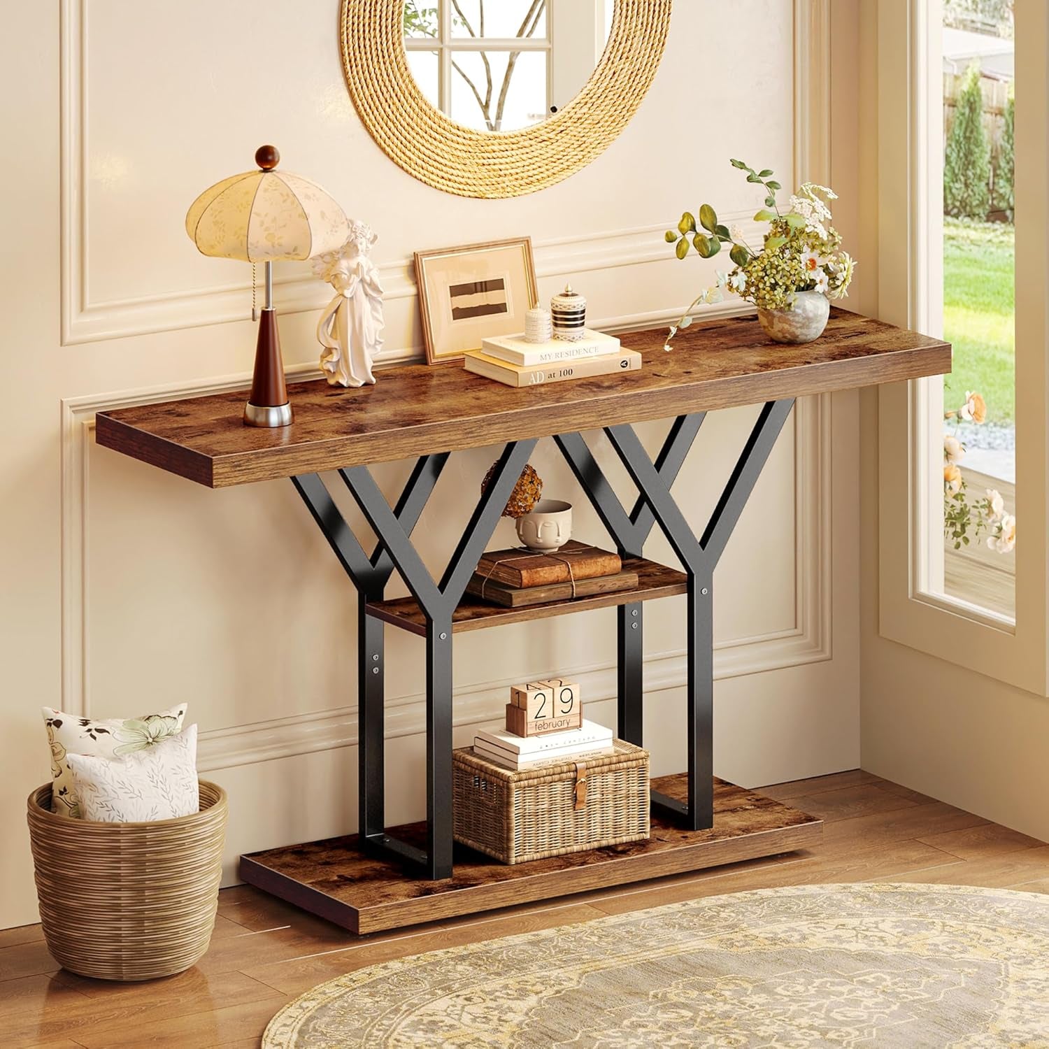 47.2 Inch Entryway Table, Industrial Console Sofa Table, 3 Tier Accent Table, for Entry, Hallway, Entrance, Foyer, Y-Shaped Metal Base, Rustic Brown