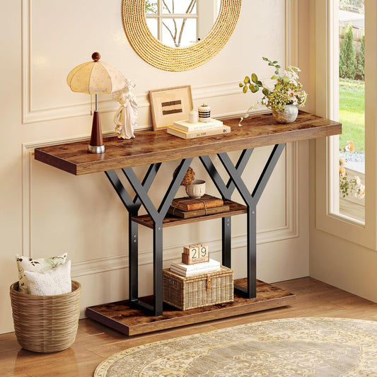 47.2 Inch Entryway Table, Industrial Console Sofa Table, 3 Tier Accent Table, for Entry, Hallway, Entrance, Foyer, Y-Shaped Metal Base, Rustic Brown