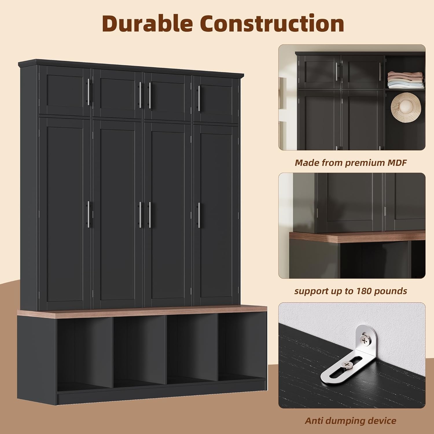 Hall Tree with Bench and Shoe Storage Compartments, Particle Board Multi-Functional Entryway Cabinet with 4 Hanging Hooks, Black