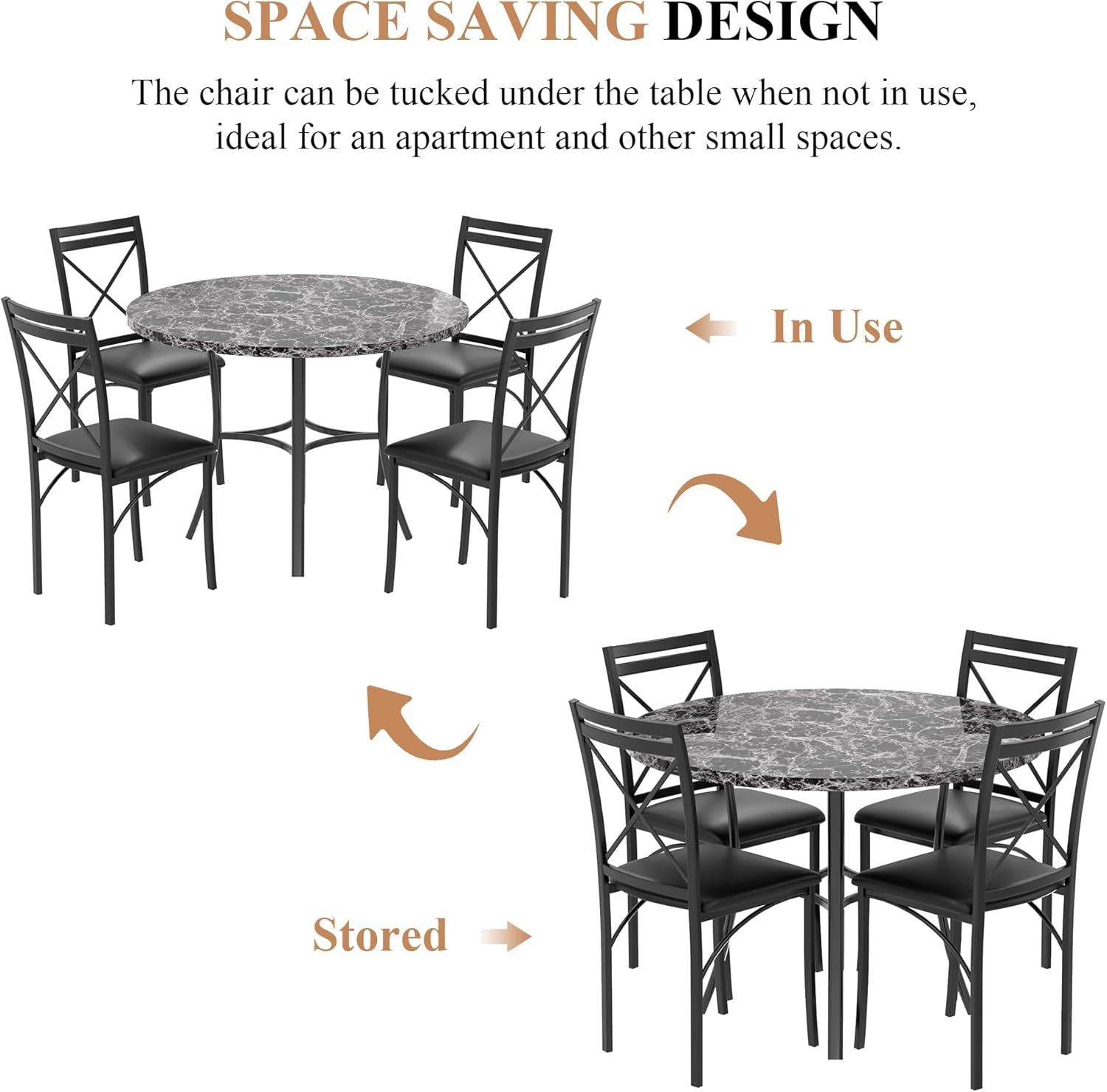 5 Piece Dining Table Set for 4, Faux Marble Dinette with Chairs for Kitchen, Breakfast Nook, Small Space, Black